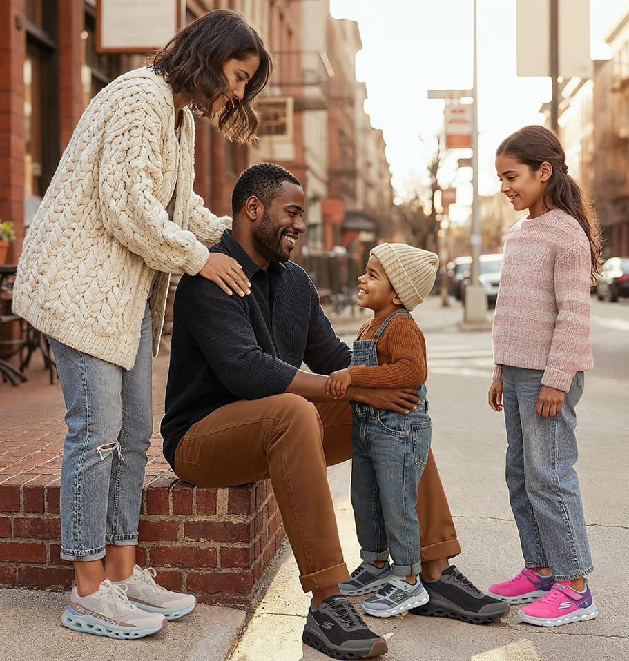 family wearing Skechers sneakers